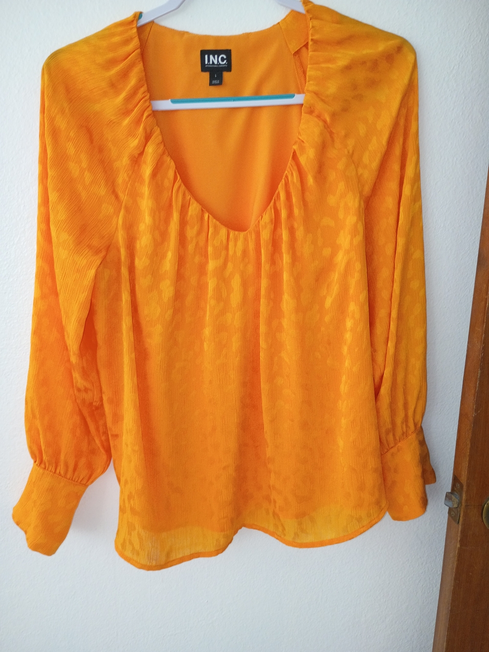 INC International Concepts Orange V-Neck Textured Long-Sleeve Blouse